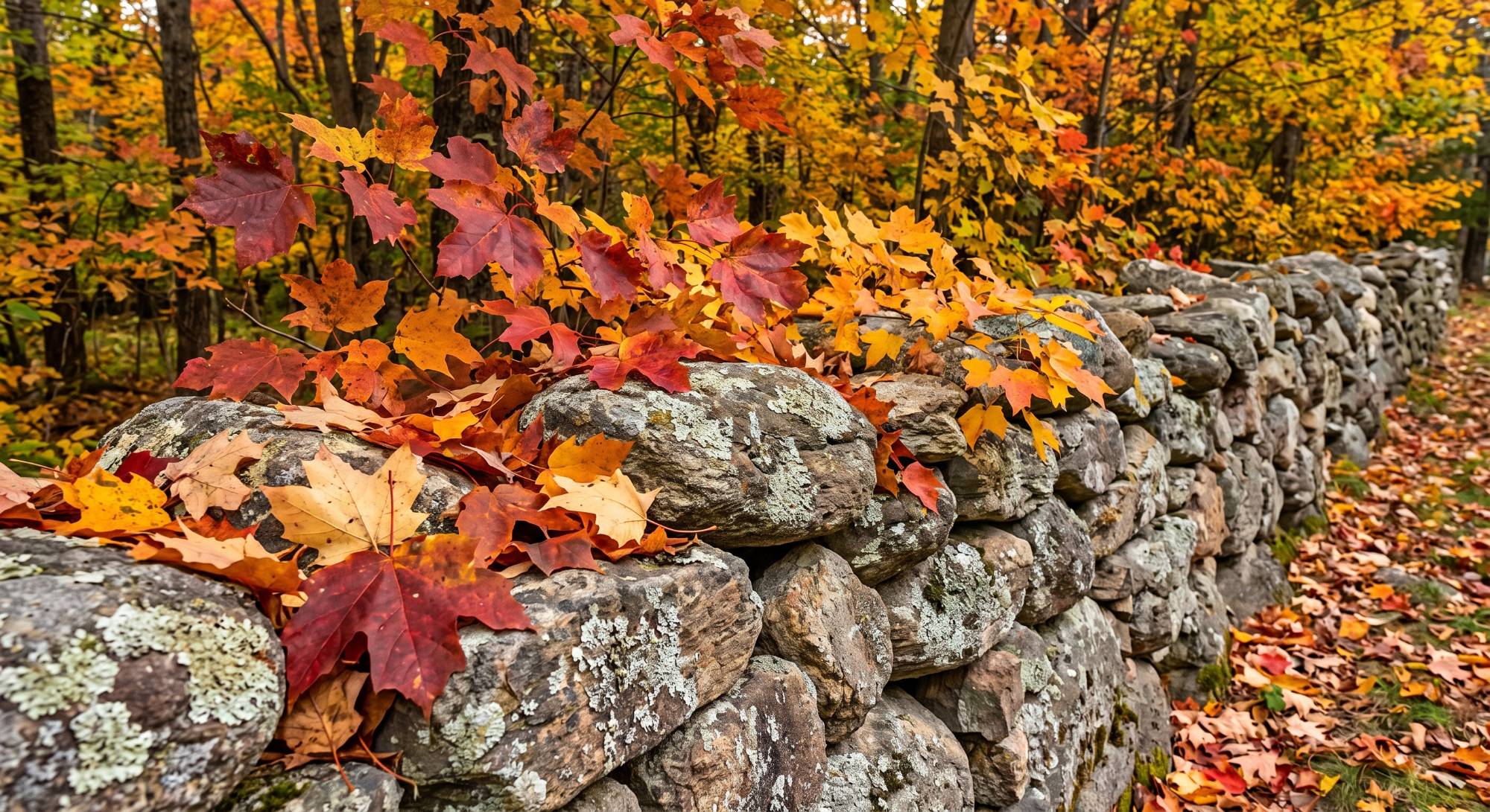 A New Hampshire stone wall lined with autumn maple leaves